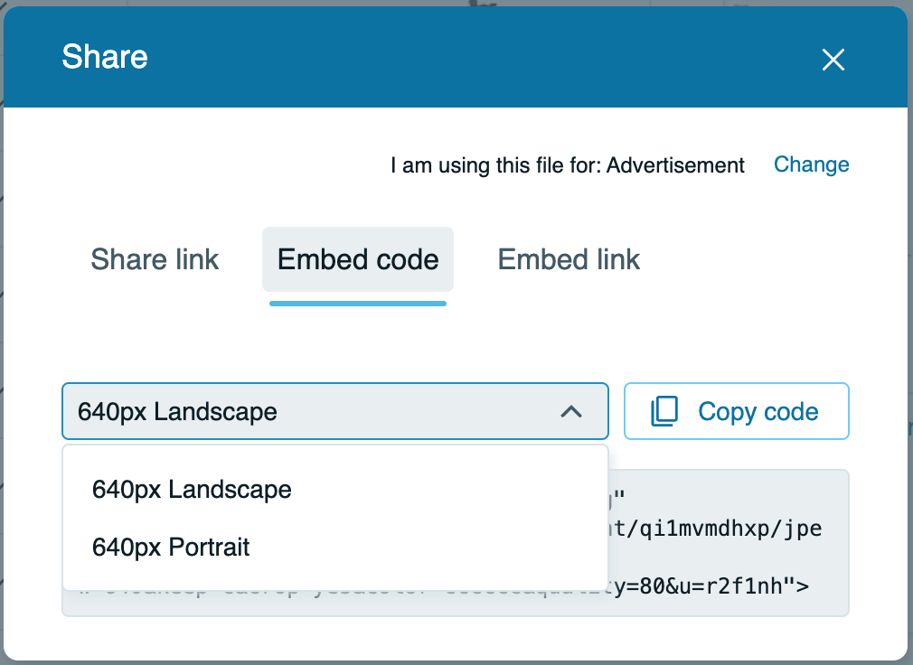 How do I set sizes for share links, embed codes, and embed links?